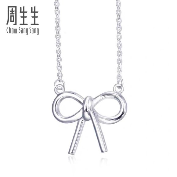 周生生蝴蝶结铂金项链 Chow Sang Sang Women Bow Platinum Pt950 Chain, 43cm - Picture 1 of 5